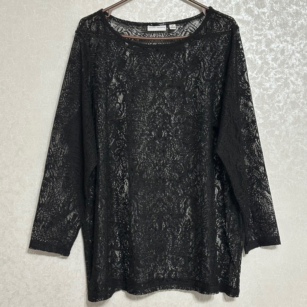 Susan Graver Floral Sheer Lace Pullover Top Long Sleeve Black Gothic Plus Sz 2X